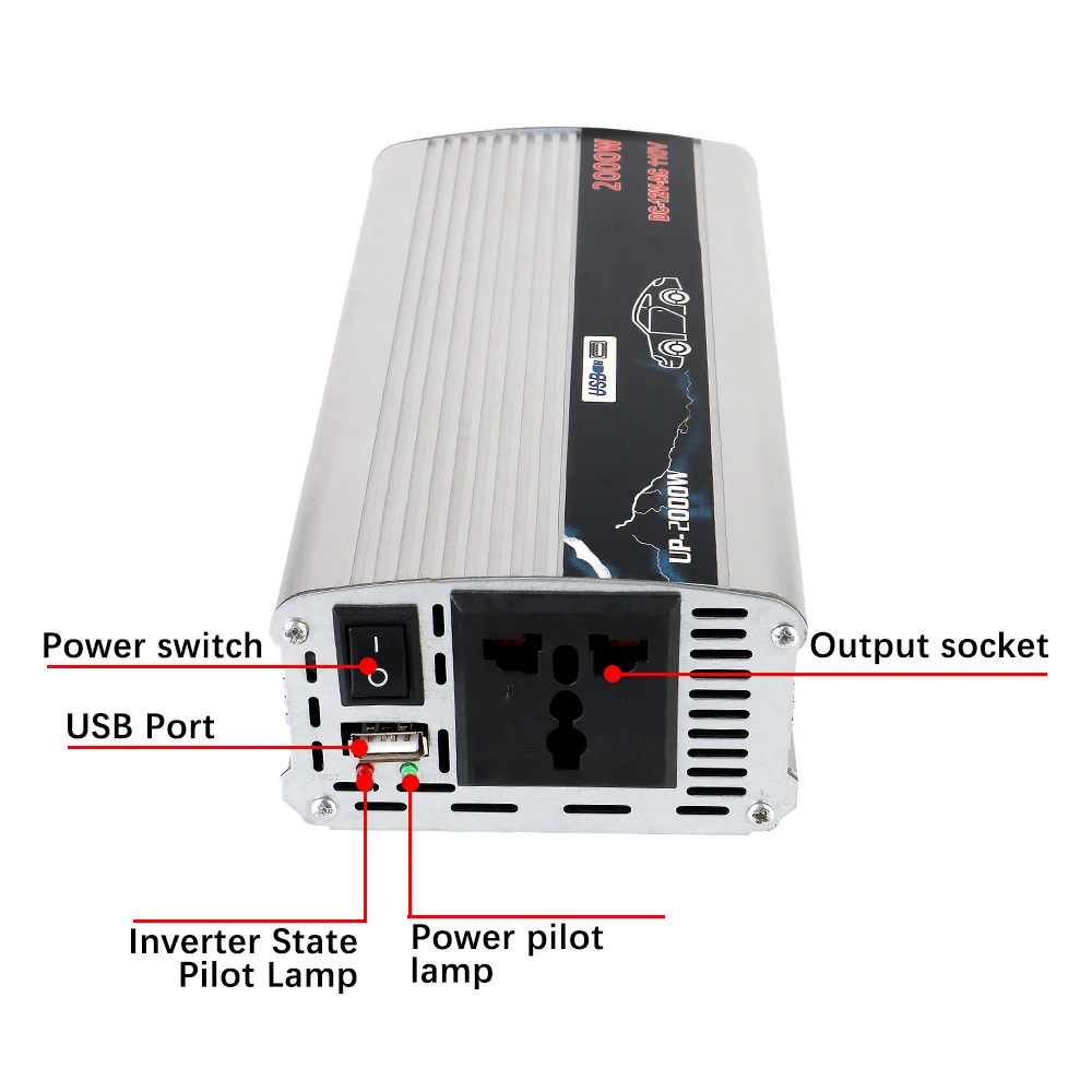 Metal Socket With USB Portable 2000W Car Power Invertor Vehicle-Mounted Household AC Converter Universal DC 110V To 220V