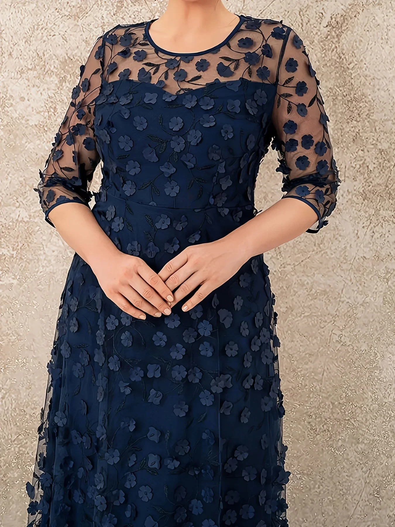 Plus Size Long Dress Embroidery Large Swing Mesh 3D Flower Dress Ladies Elegant Temperament Round Neck Half Sleeved Dresses