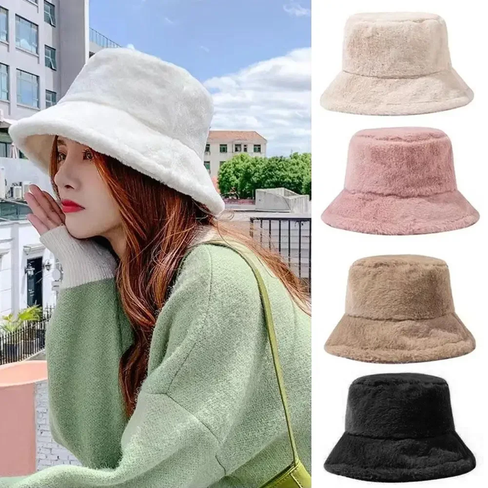 

TZTOOZ Winter Plush Fisherman Hats Colorful Girl Fashion Bucket Hat Warm Windproof Cold-proof Wide Brim Lady Women Artist Cap