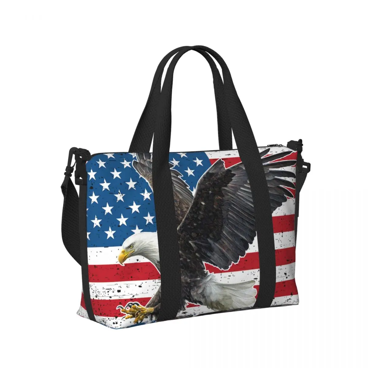 Custom Large Bald Eagle American Flag Tote Bag for Women USA Patriotic Shopping Shoulder Gym Beach Travel Bag