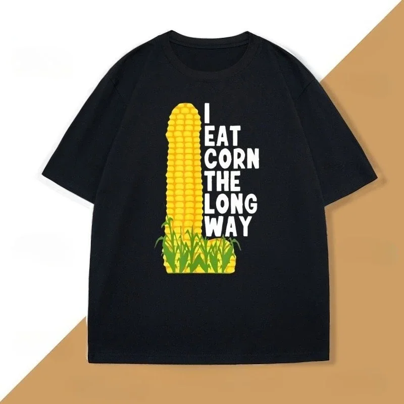 

Men's trendy and humorous "My Growth Path of Eating Corn" pattern printed short-sleeved T-shirt, 100% pure cotton casual top