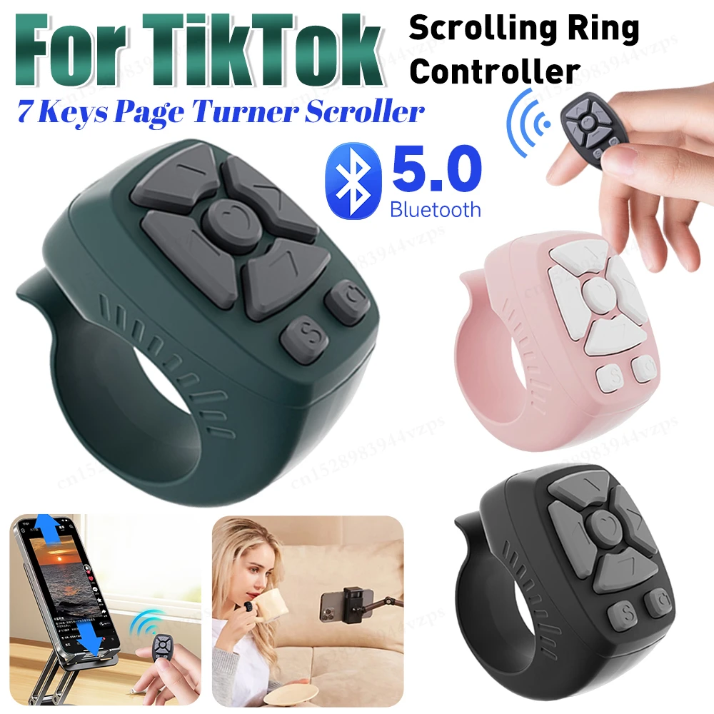 7 Keys Scrolling Ring Finger Shutter Fingertip Wireless Remote Control for TikTok Bluetooth Page Turner Scroller for Android iOS