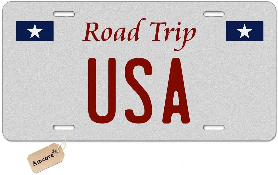 Amcove License Plate Road Trip USA Decorative Car Front License Plate,Vanity Tag,Metal Car Plate