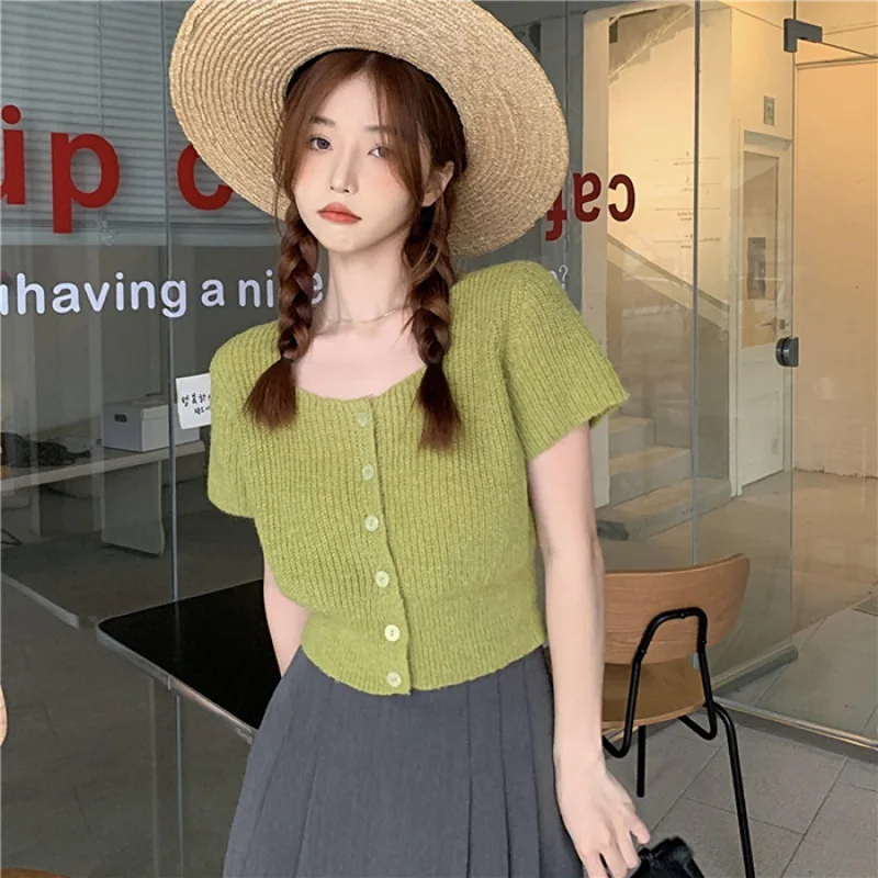 White Square Collar Short sleeve Knit cardigan Women Summer 2024 New Design Short Waist Hugging Chic Top Thin