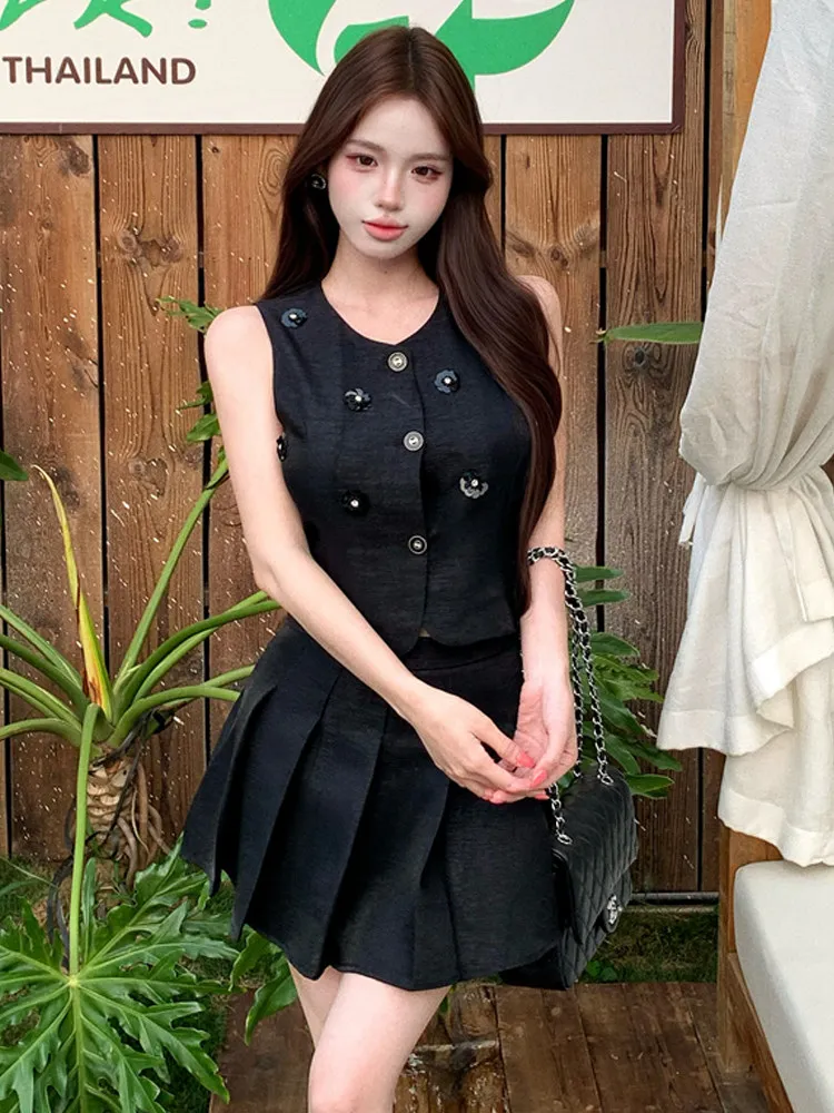 Small Fragrant French style sexy flower sleeveless slim fit vest top high waist slimming pleated skirt women elegant set