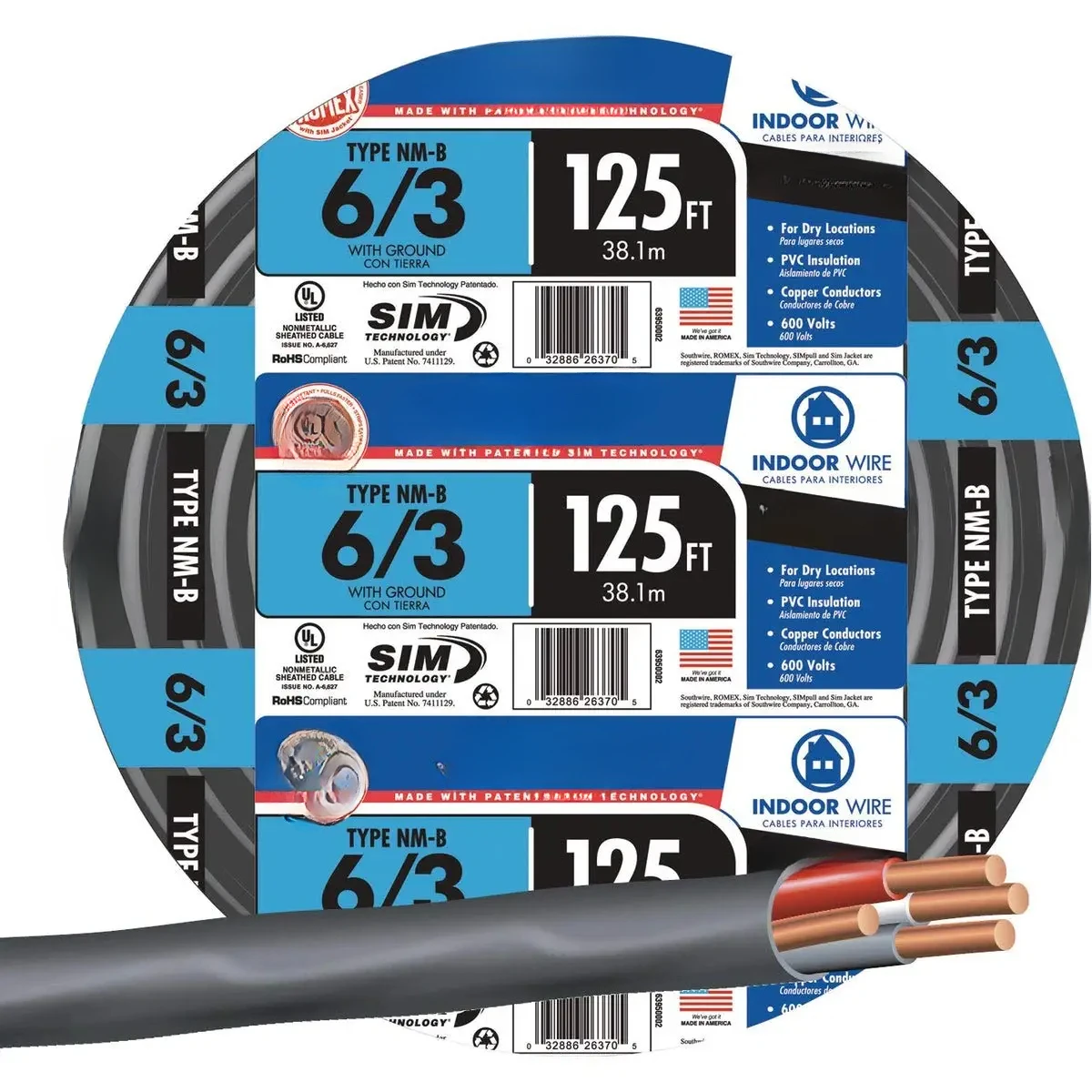 125ft. 6 Gauge 3 Conductor Nonmetallic Sheathed Type NM-B Cable, Black