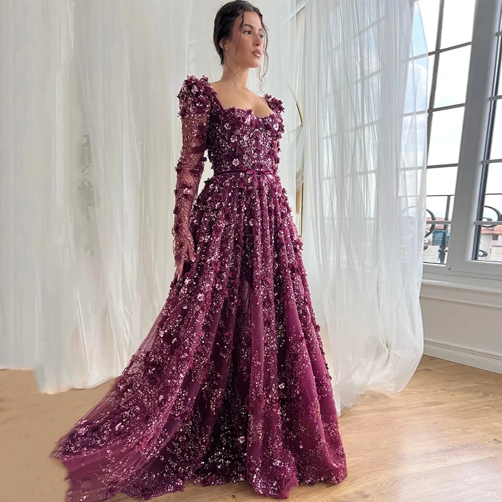 

Luxury Shinny Lace Evening Dress for Wedding Party Customized Long Sleeves Square Neck Beading Flower A Line Dubai Prom Gown