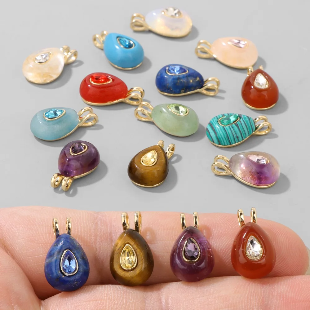 1PC Natural Teardrop Birthstone Pendant Inlaid Zircon Gold Plated Gemstone Charms DIY Necklace Jewelry Making Accessories