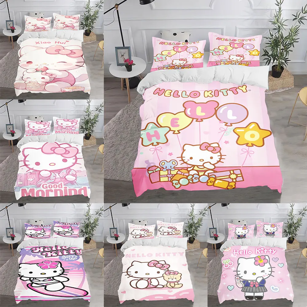 Cute Hello Kitty Bedding Sets Comforter Cover Bed Cover Duvet Cover Pillow Case 2-3 Pieces Sets 100% Polyester Home Decor