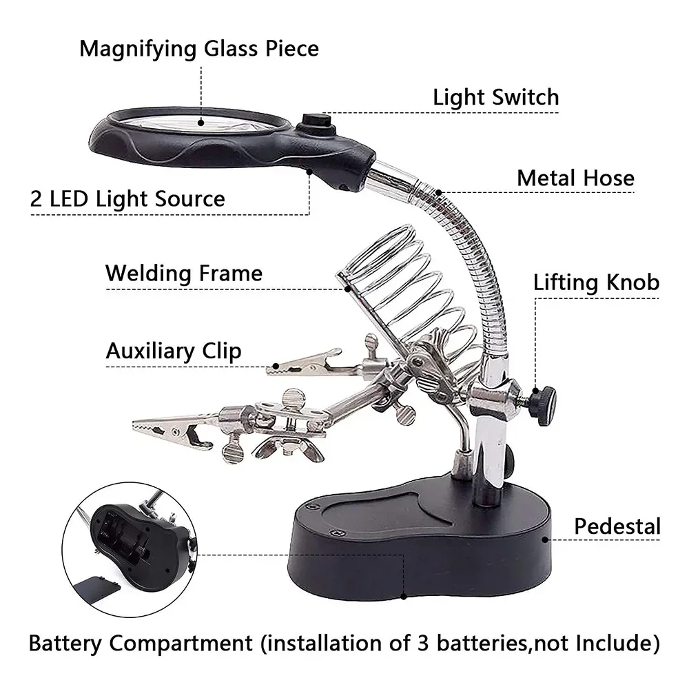 Electric soldering iron welding table with LED light 3.5X 12X Magnifying glass fixed clips Soldering Repair Tool