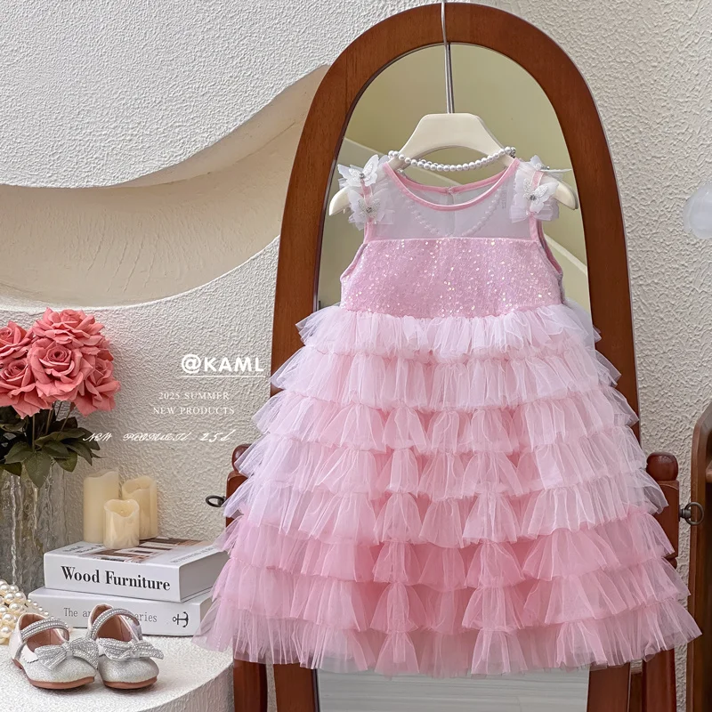 

Girls' mesh dress, summer new children's vest dress, stylish birthday dress for baby girls, fluffy cake skirt