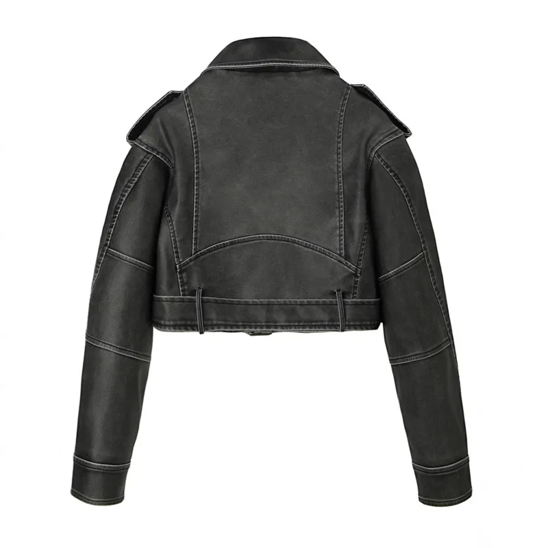 HKSH Women PU Leather Jacket Washed Turn-Down Collar Zippers Sashes Design Dark Patchwork Punk Trendy Fashion Short Coat HK27386