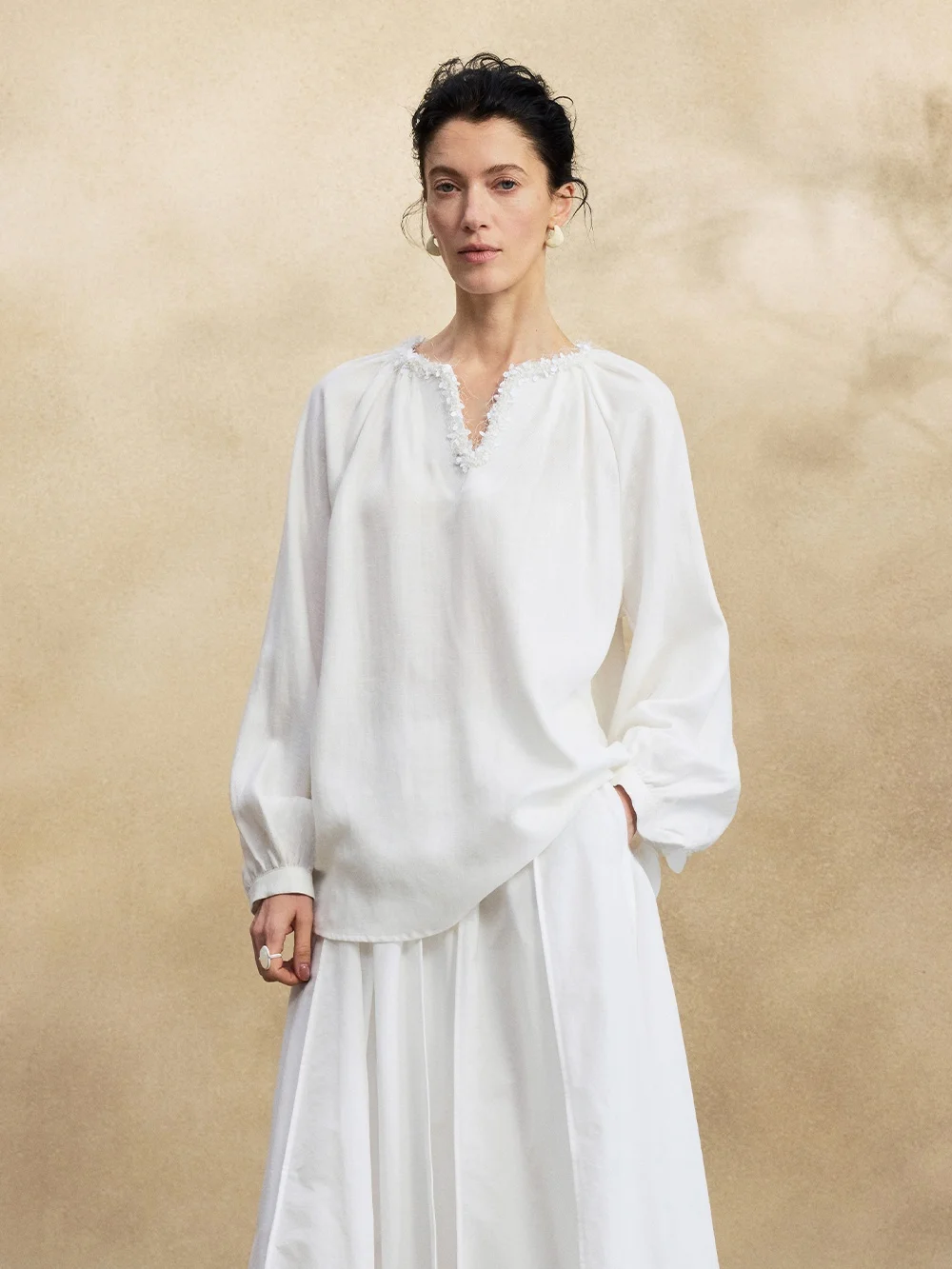 

MANNALA Spring Freedom Breathable Linen Silk Heavy-Embroidered Handmade Beaded irt Long Sve Loose Fit Women's Faion