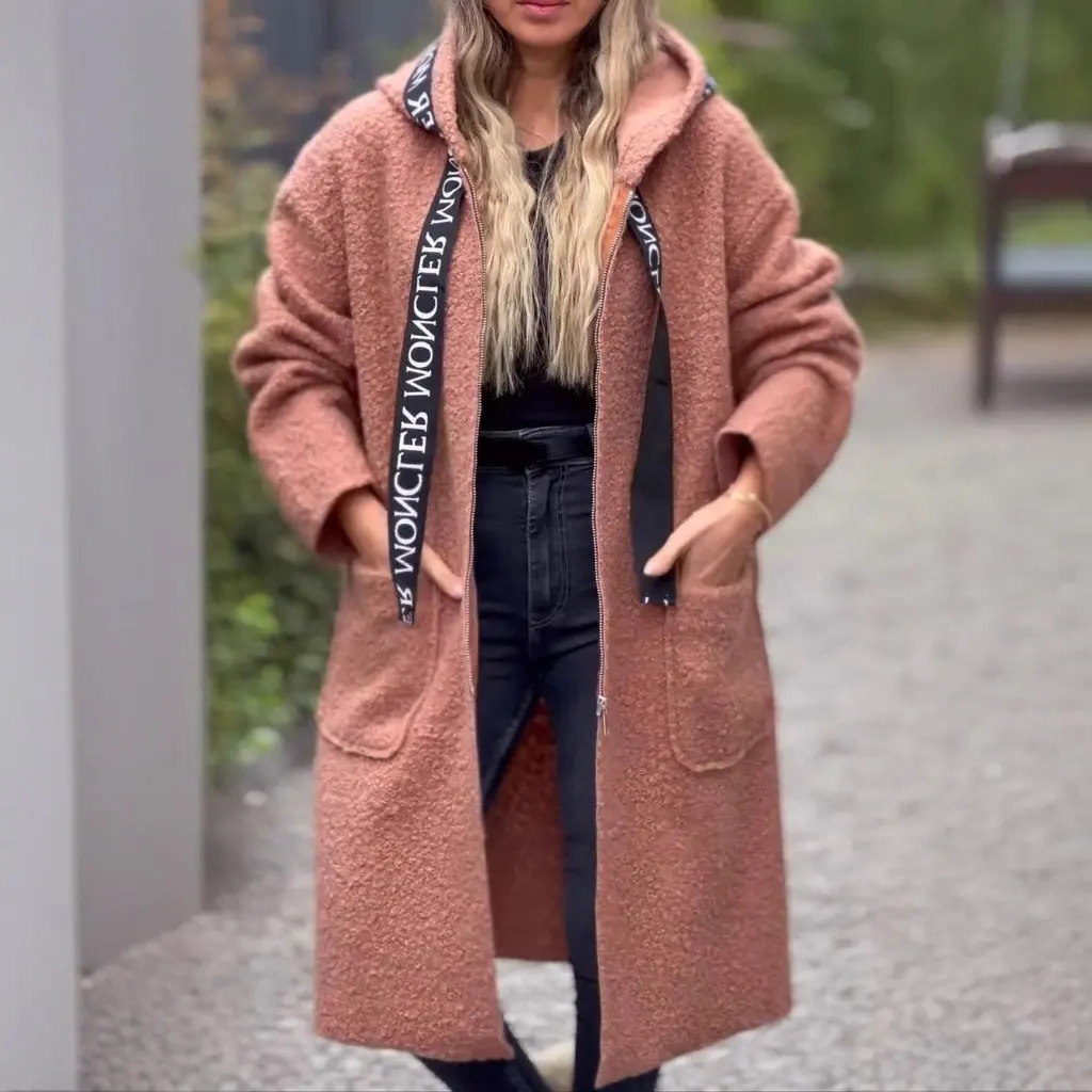

Autumn Winter Hooded Letters Lamb Wool Coat Women's Leisure Outerwear Independent Station European Style