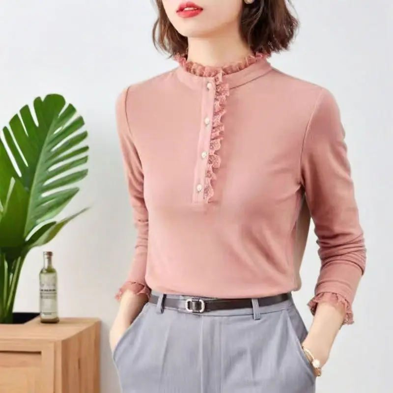 

Элегантный женский топ с длинными рукавами, воротником с рюшами и манжетами для офисной одежды весной и осенью