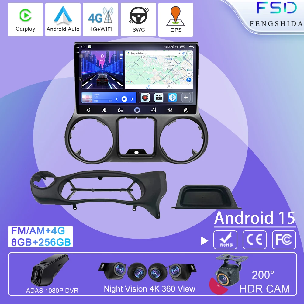 Car Android For Jeep Wrangler 3 JK 2010 - 2018 Player Auto Radio Multimedia GPS 360 Camera HDR CPU QLED Wifi 5G BT Navigation