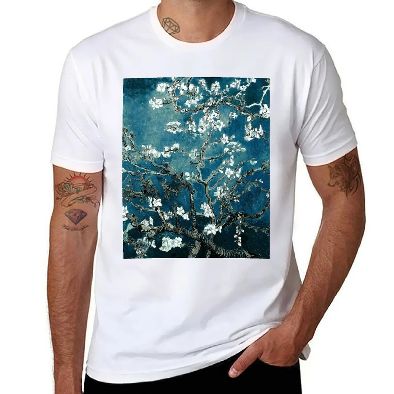 

Van Gogh Almond Blossoms Dark Teal T-Shirt t shirts for man cotton soft cotton t shirts high quality T-Shirt