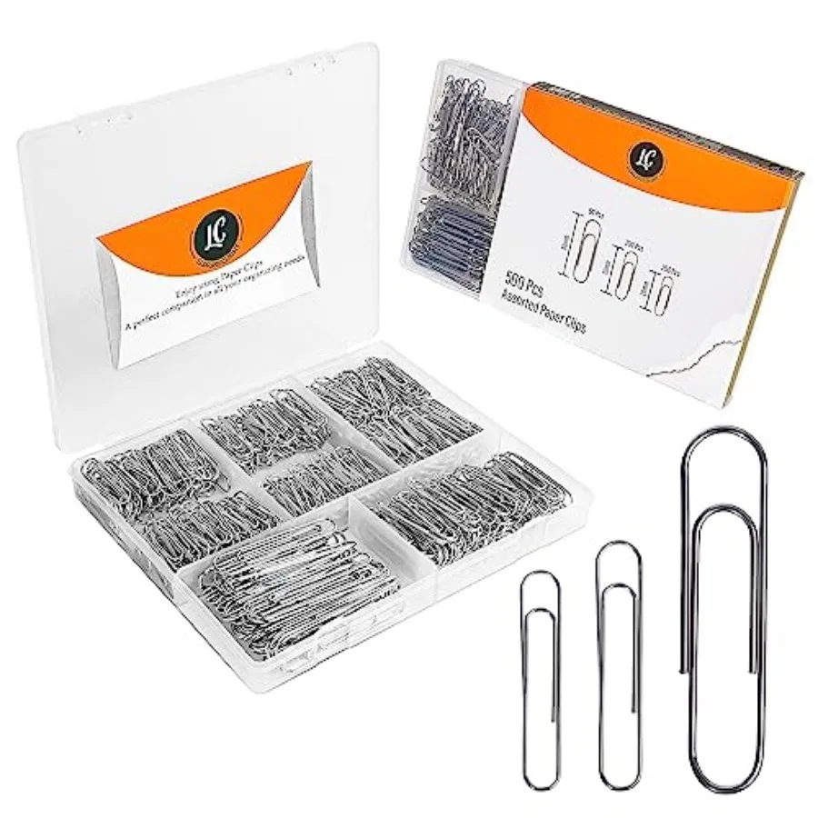 

500 Pack Paper Clips by - 3 Assorted Sizes of Silver Small and Large Paperclips Bulk, Rust-Resistant Nickel Plated Steel Clips,