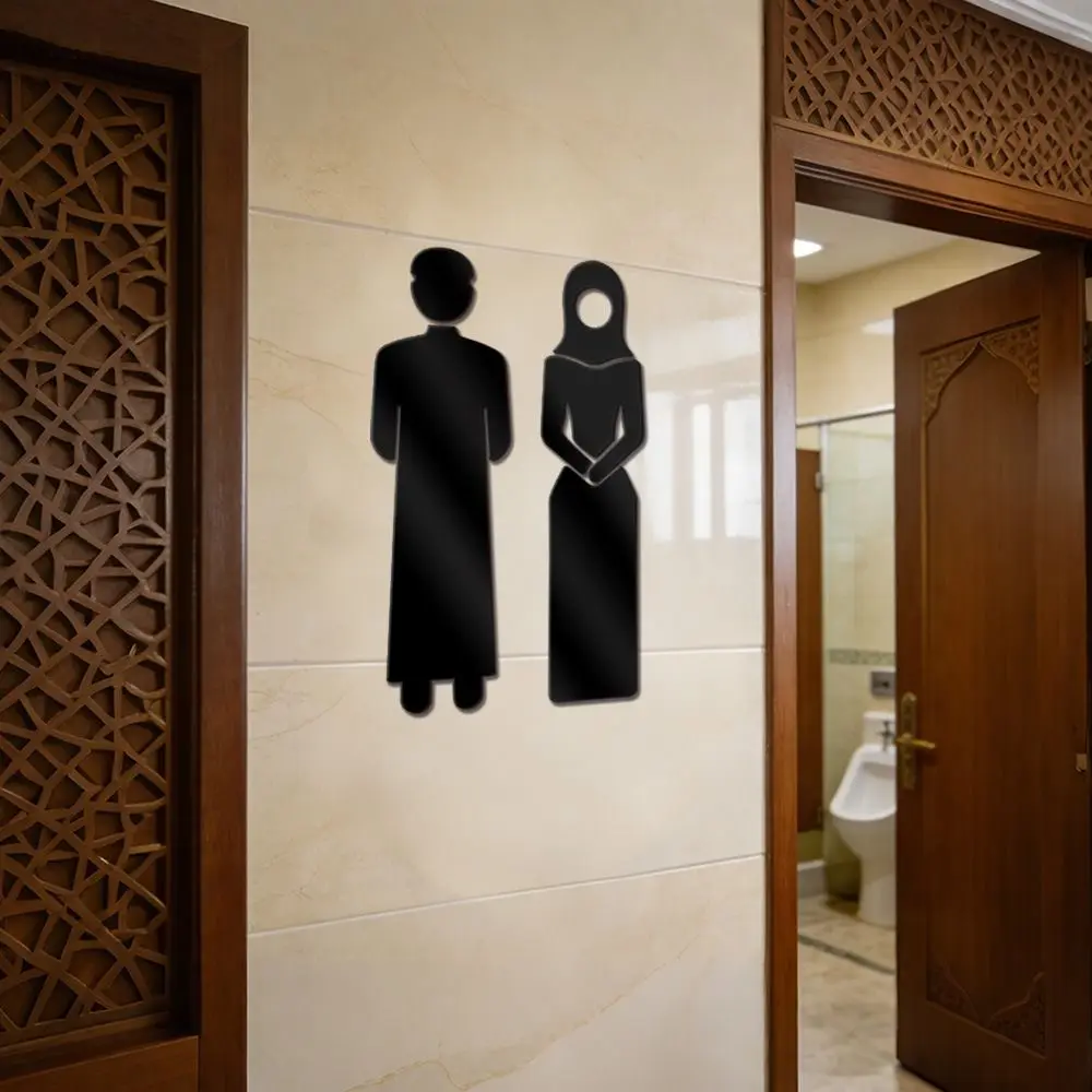 3D Arab Toilet Sign Sticker Acrylic Men Women Washroom Sign Sticker Black Gold Silver Mirror Surface WC Sign Plate Shopping Mall