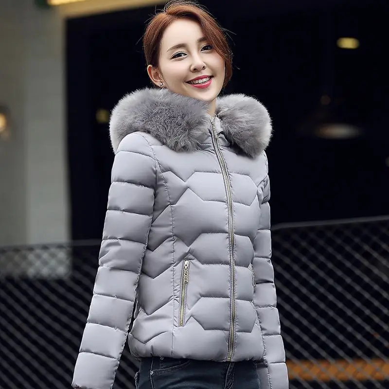 Winter new fur collar pink cotton women hooded jacket 2026 Street cold-proof thick cotton jacket