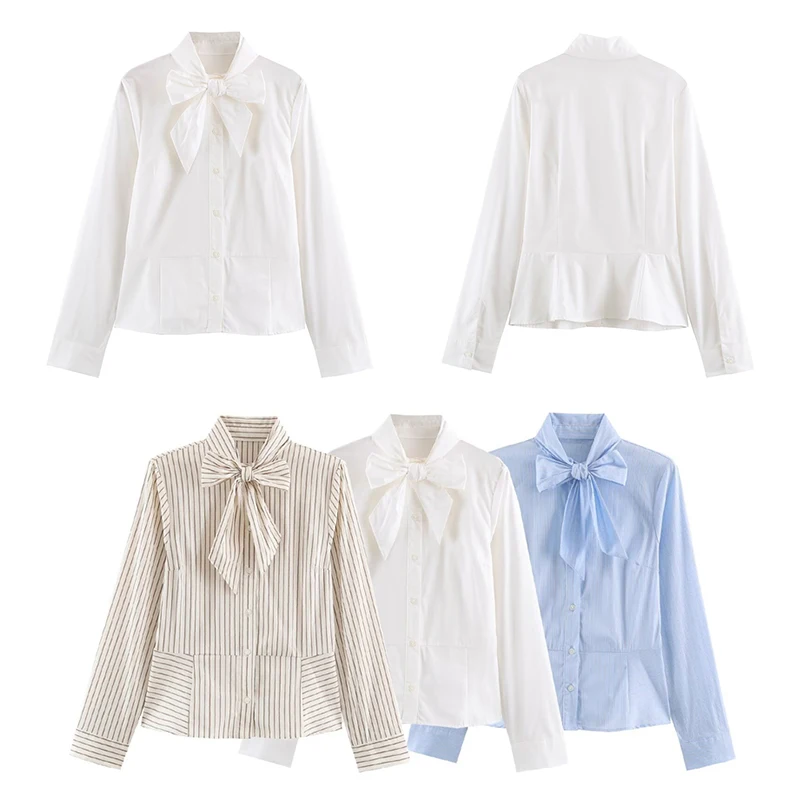 Guobioziy Women's Slim-Fit Striped Bow Shirt 2026 Spring and Autumn New European and American Casual Fashion Trend Street Style