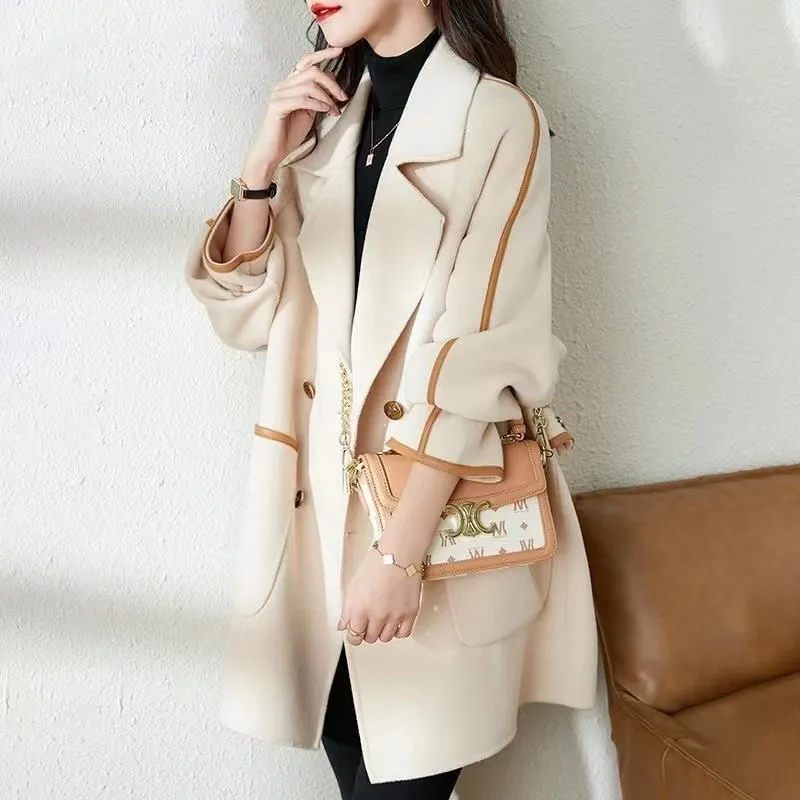 

Women Blends Solid Double Breasted Splice Midi Coats Long Sleeve Turn Down Collar Thick Warm Wool Coat Office Lady Regular