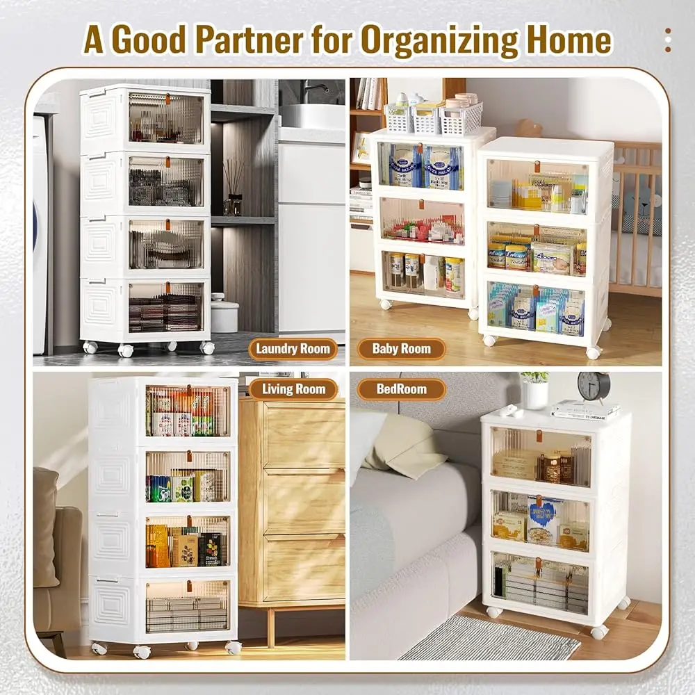 4 Tier Plastic Storage Bins And Boxes Organizer - Stackable With Lids For Bedroom, Living Room, Kitchen, Office - Foldable