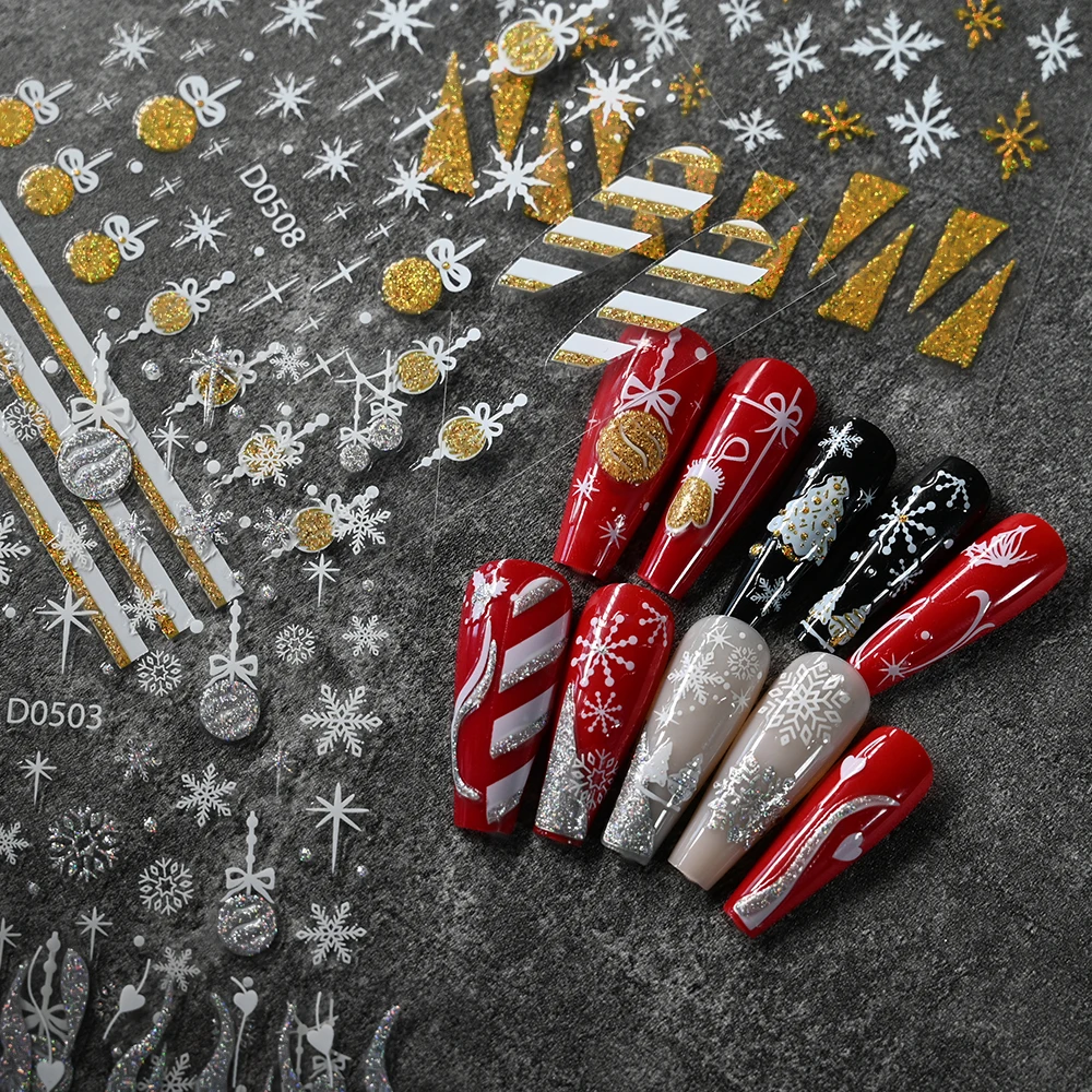 1Pcs Silver Reflective Glitter Christmas Nail Sticker 3D Embossed Snowflakes Bells Sparkly Gold Powder Christmas Slider Decals