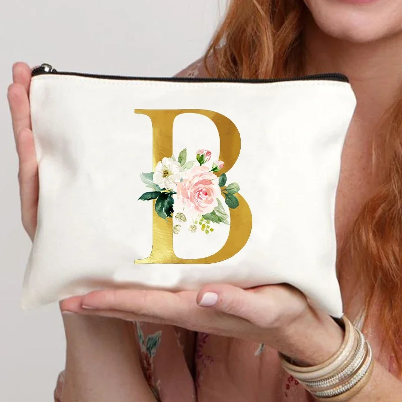 Bolsas de viaje de cosméticos de maquillaje para mujeres jóvenes, bolsa de canvastoiletería con letras, bolsa de lápices para profesores, regalos escolares, blanco