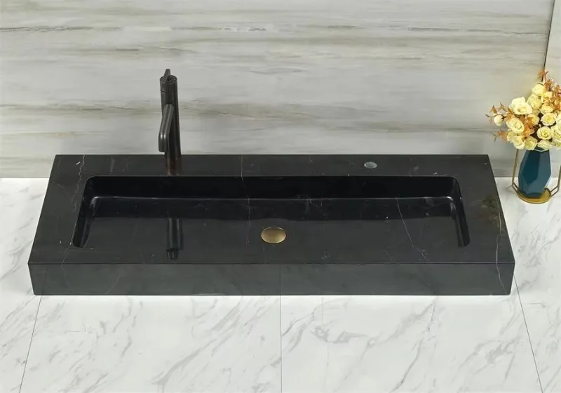 Rectangle high polished bathroom double sink marble wash basin double drain double bowl sink