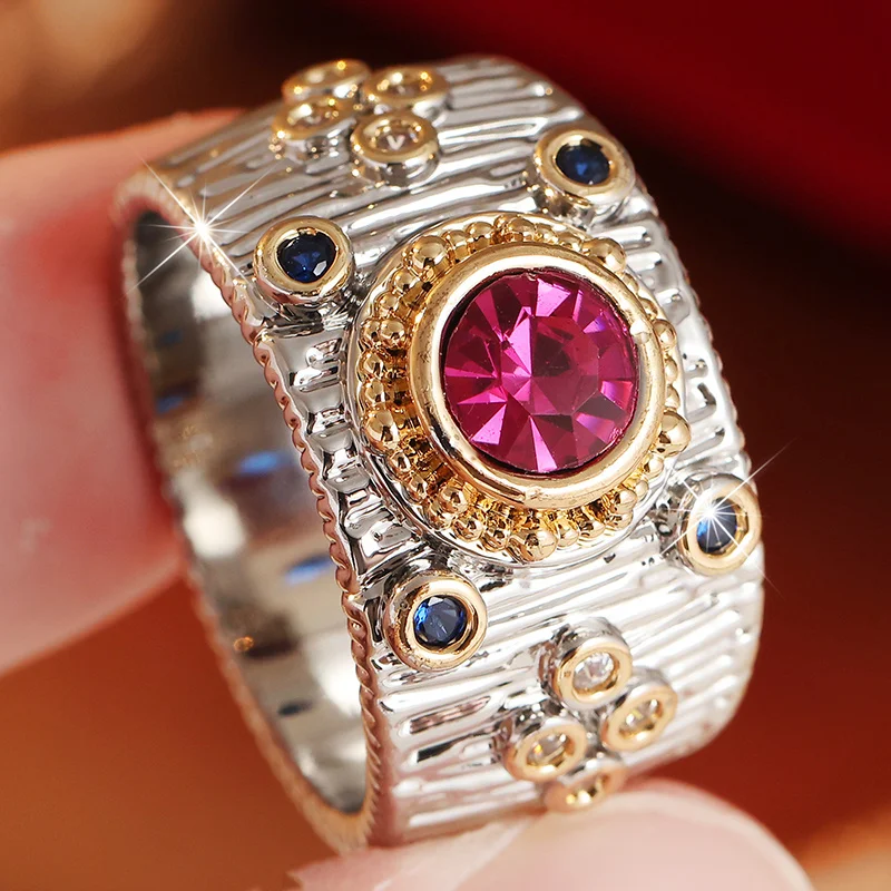 Vintage-Breitring für Damen mit vertikalem, strukturiertem Wellenrand-Design, eingelegten roten synthetischen Zirkon-Akzenten, exquisites Ring-Accessoire
