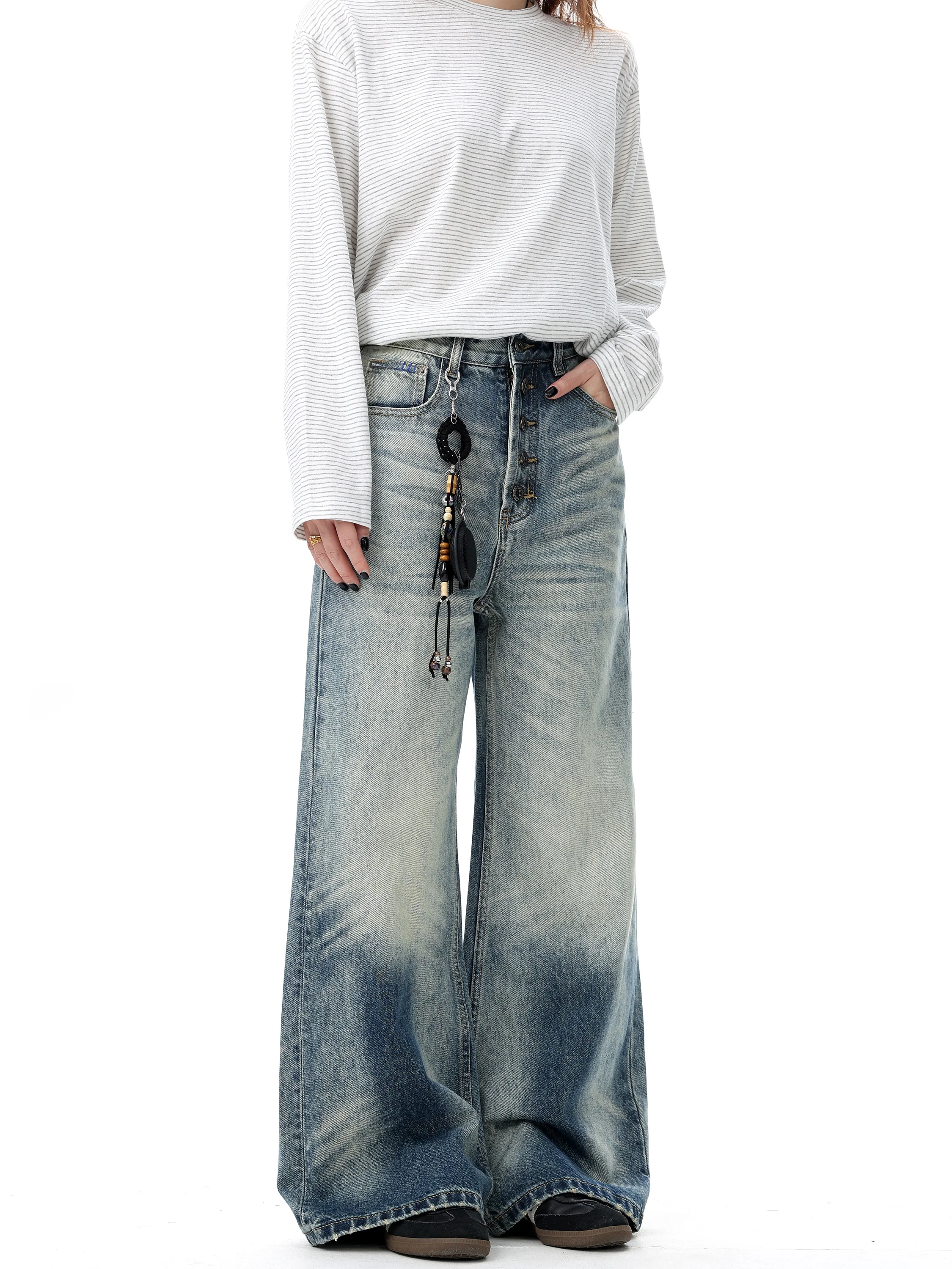 

Ретро-джинсы американского стиля с эффектом потертости, прямые, расклешенные, унисекс, для уличной моды, свободные, стройнящие, молодежные, популярные джинсовые брюки