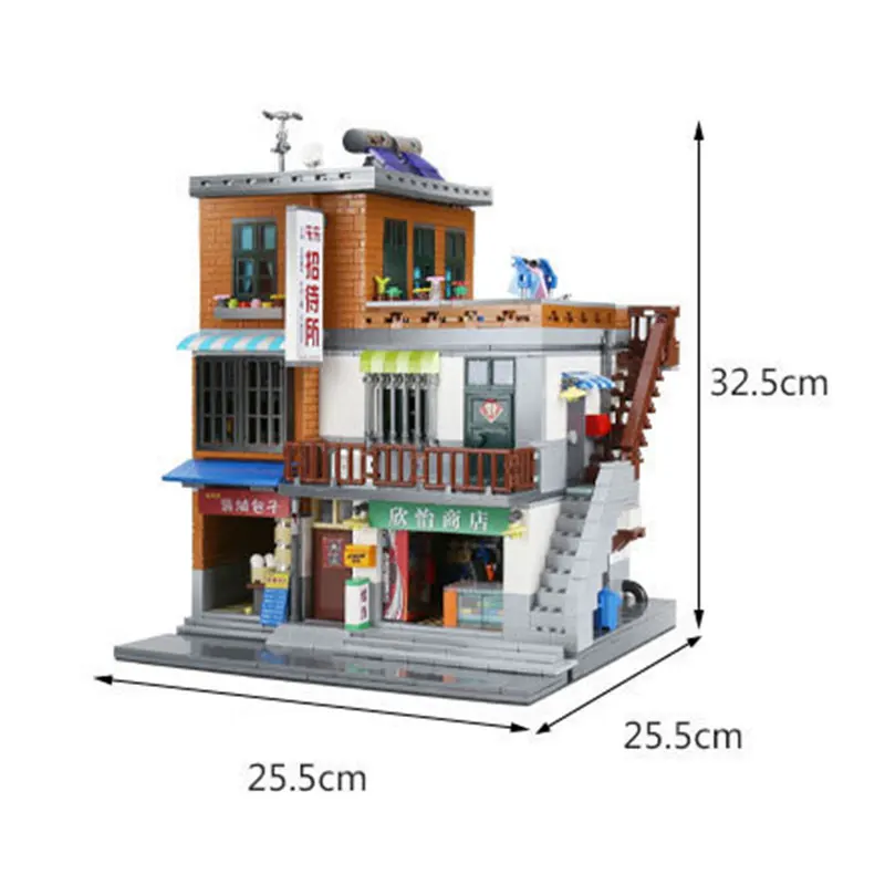 Baozipu XB01013-Village urbain avec vue sur la rue, modèle de nuit de bâtiment de maison d'hôtes, jouet d'assemblage, décoration