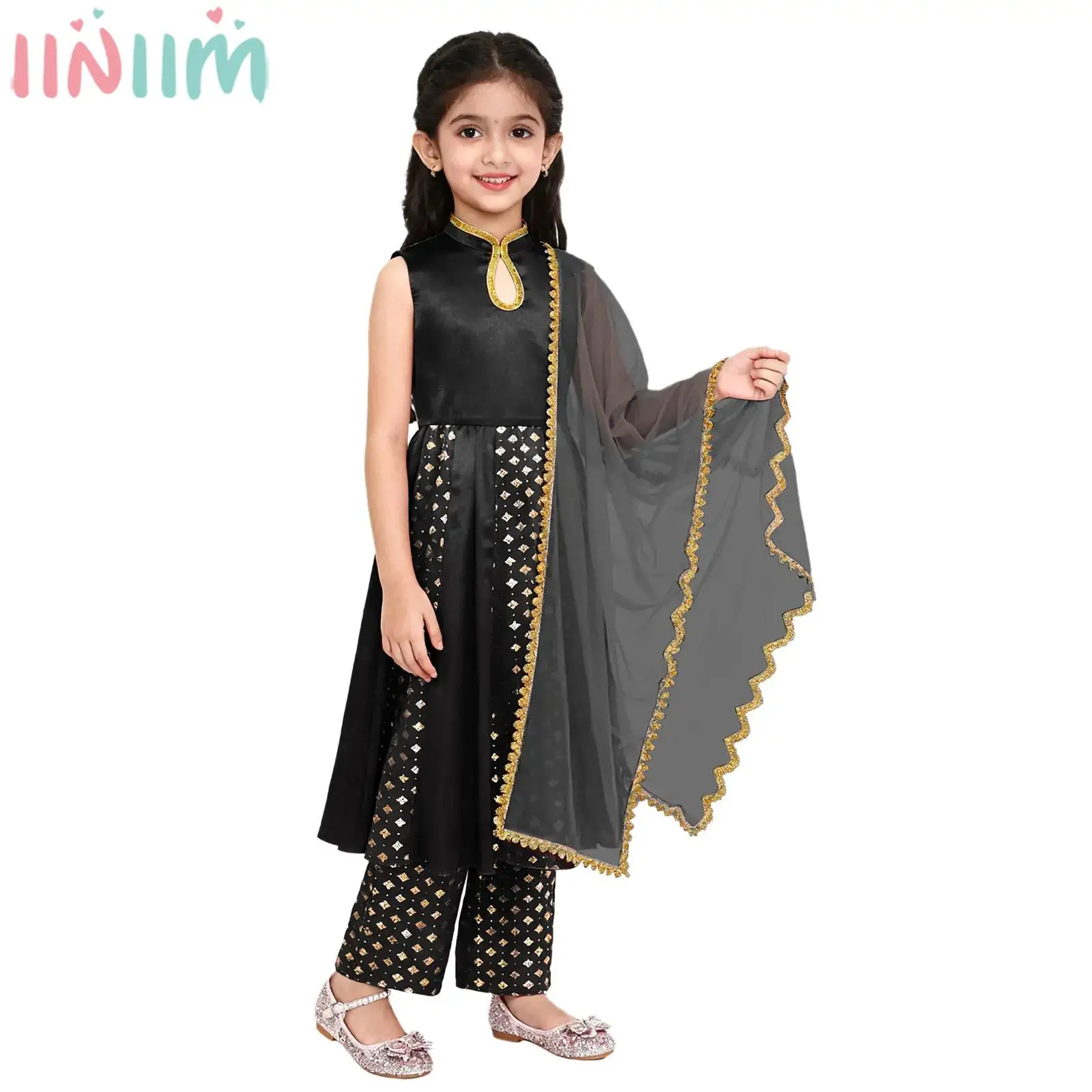 Kids Girls Indian Traditional Ethnic Outfit Salwar Suit Metallic Print Zipper Dress with Pants Festival Theme Party Costume