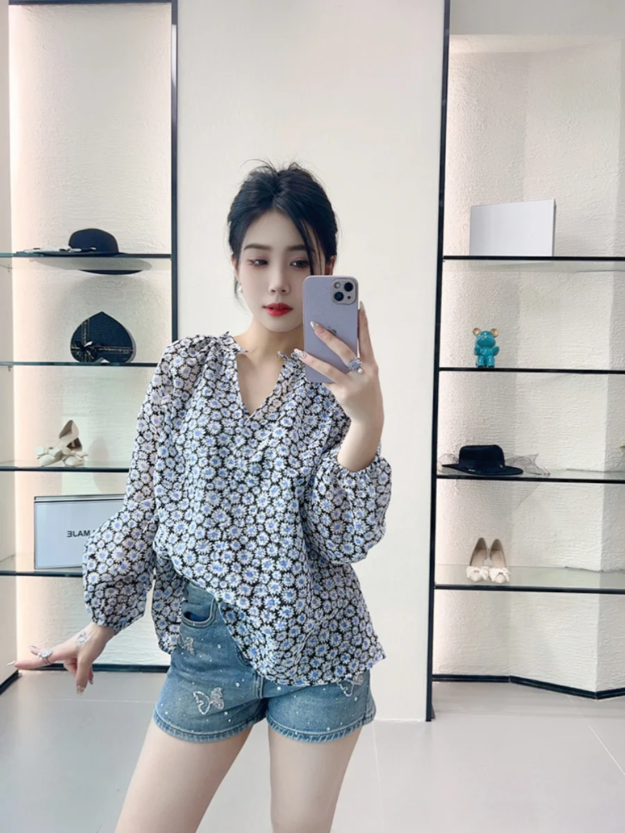 

Женская летняя блузка с принтом Ele Daisy Faion irt Lantern Sve Ladylike Sle Casual Commute Long Sve Top