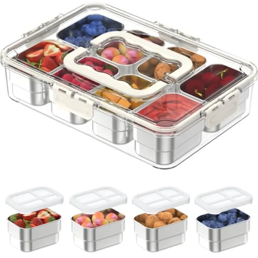 

Контейнер для закусок Snackle Box с 8 отделениями, из нержавеющей стали, с силиконовой крышкой и ручкой, прозрачный, для фруктов, орехов и овощей