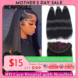 Wowangel 13x6 HD Lace Frontal with Bundles Human Hair 5x5 HD Lace Closure Melt Skins Brazilian Straight Hair Extension for Women