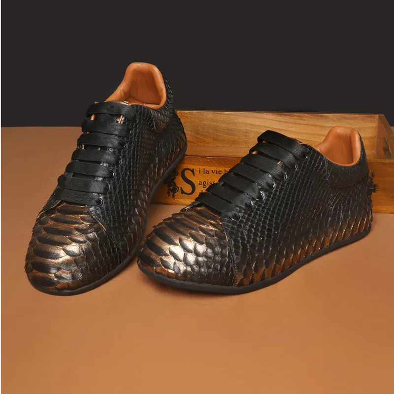 

New Authentic Snake Skin Genuine Leather Suede Sports Men’s Soled Round Wide High Height Inside Feet Trendy Casual Shoes Loafers