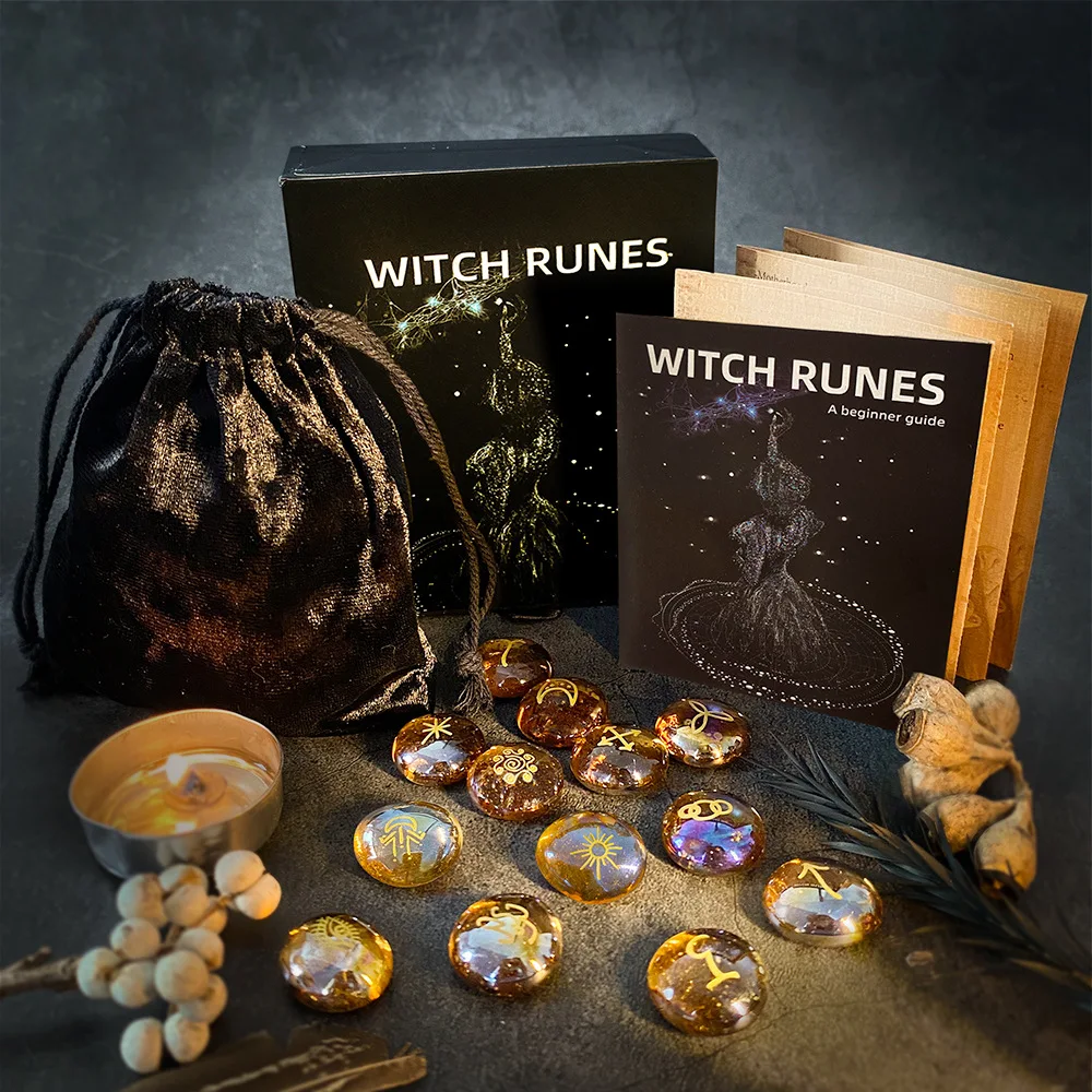 Witch Runes Glass Stones Set 13pcs Engraved Divination Symbols Pouch Pagan Altar Meditation Witchcraft Gift Kit for Beginners