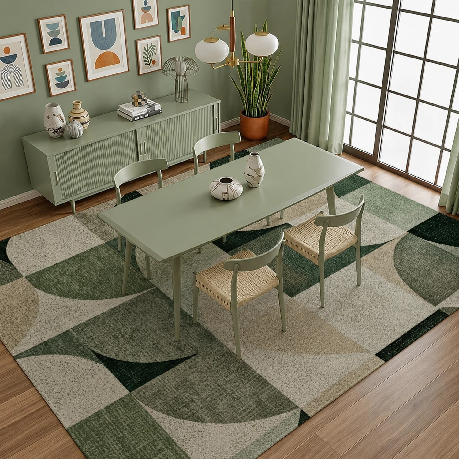 Large Indoor Area Rug, Soft Velvet Low Pile, Non-Slip Dotted Backing, Machine Washable, Geometric Mid-Century Modern Sage Green & Beige Pattern, Ideal for Living Room, Bedroom, Home Decor