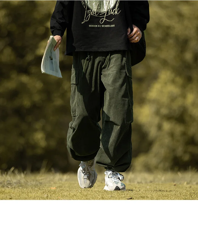 

Corduroy pants men's casual military green multi pocket work pants trendy brand autumn and winter straight leg wide leg pants