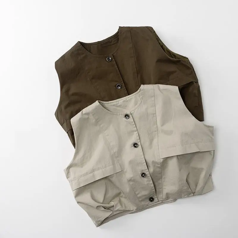 

2025 Autumn New Children Vest Jacket Cotton Boys Girls Solid Vintage Cardigan Baby Sleeveless Coat Kids Fashion Casual Tops