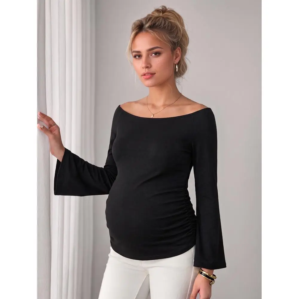 Elegant and Cute Maternity Long‑Sleeve Blouse with Flared Sleeves, Black Top, Women's Casual Maternity Wear for Autumn and Winter