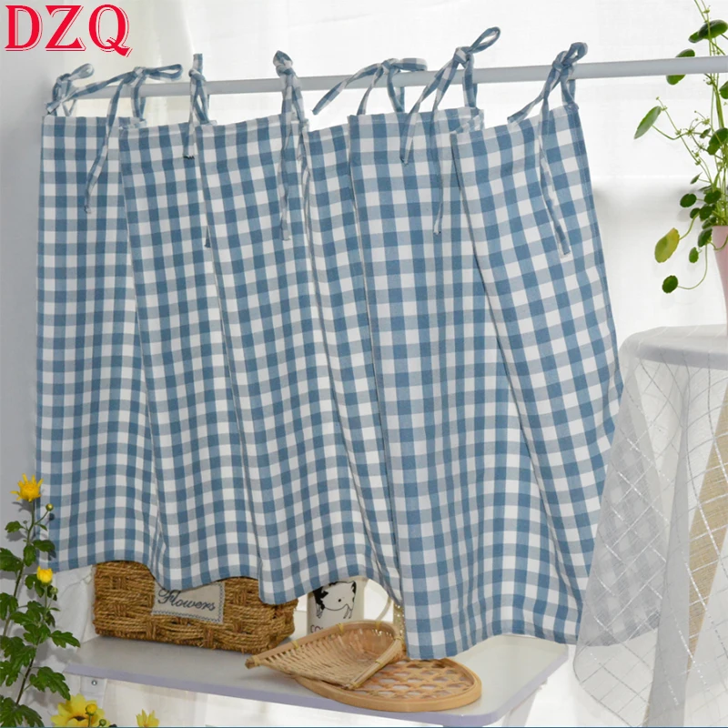 

Korea Sweet Blue Lattice Tab Top Short Curtains Rural Plaid Half Curtains Cloth Kitchen Valance #A091