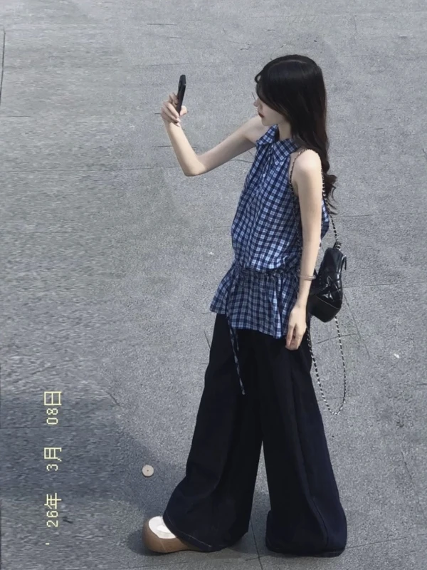 

Женская летняя блузка без рукавов в клетку во французском стиле с завязками на шее и утягивающим шнурком на талии, корейский стиль