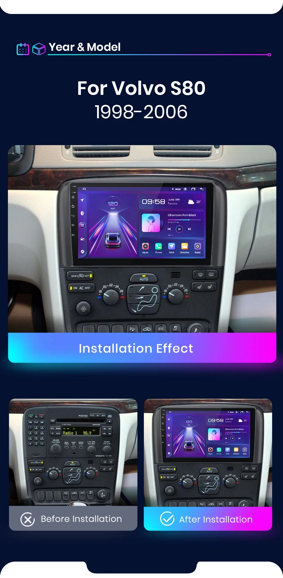 Junsun kabelloses carplay android auto radio für volvo s80 2010-2015 1998 kamera auto intelligente systeme rds bt dsp 2 din autoradio – Detail 3