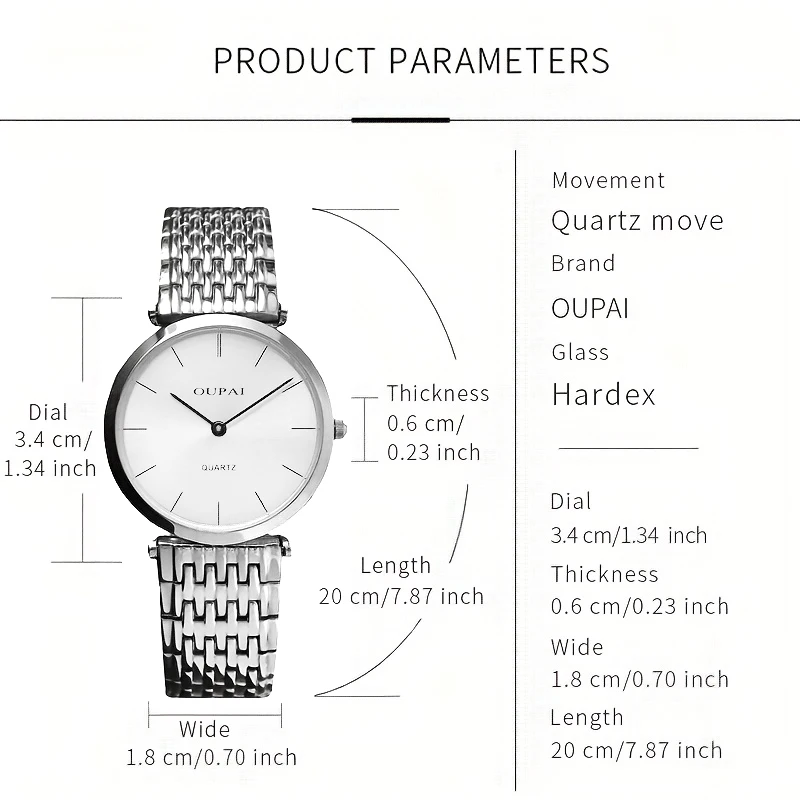 Oupai Men's Watch slivery Round Thin 6mm Thickness Dial Stainless Steel Strap Quartz Movement Daily Classic