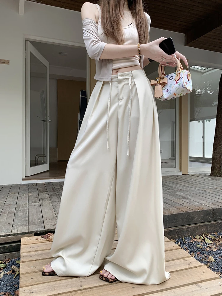 

Брюки с высокой талией и драпировкой, широкие, женские, повседневные, черные, в деловом стиле, весенняя новинка, шикарный стиль для девушек, свободный крой