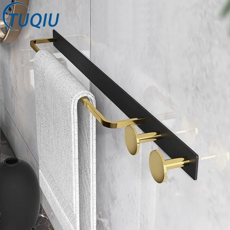 

Tuqiu Gold Towel Hanger with Hooks Wall Mounted Towel Holder Black Towel Rack Bathroom Towel Bar Rail Total Brass Towel Ring