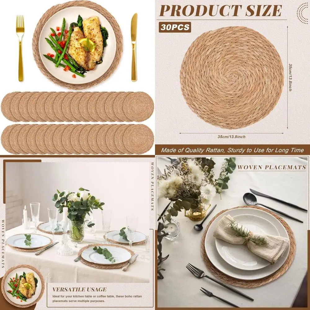 

Натуральные плетеные подставки под тарелки в стиле бохо из ротанга, 13,8 дюймов, набор из 30 штук для декора деревенского стола и вечеринок на открытом воздухе